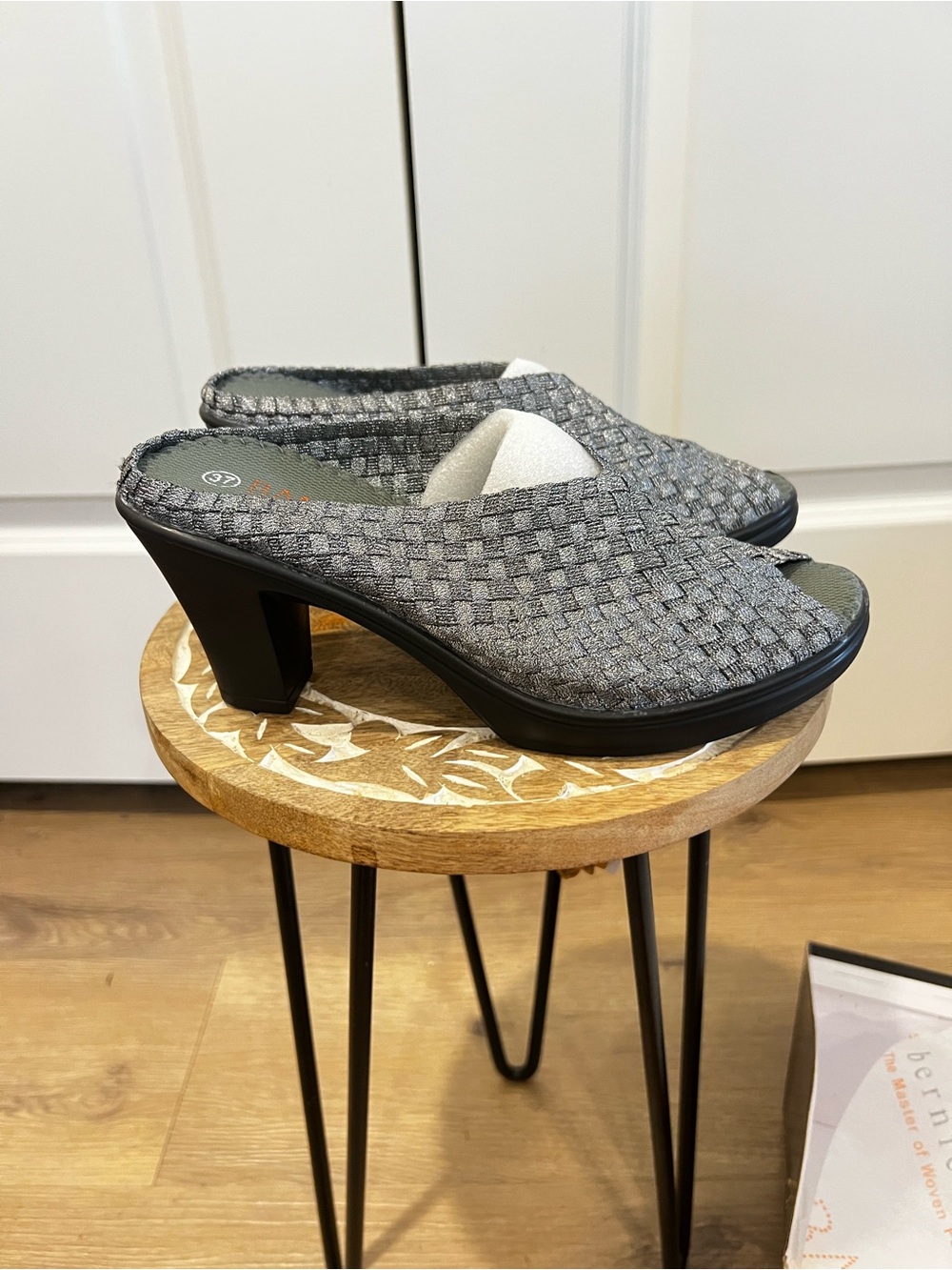 Bernie Mev. Women’s Grey Woven Peep-Toe Heeled Mules